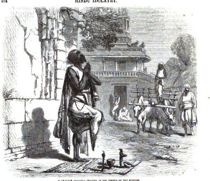 A Brahmin standing praying in the corner of the streets, 1861