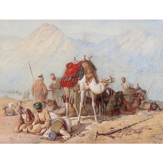 Arabs praying in the Desert with a Caravan of Camels beyond