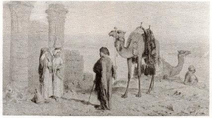 An Arab trader talking to women on the banks of the Nile
