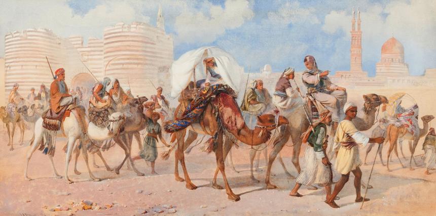 'The arrival of the caravan and the palanquin'.or 'L'arrivée de la caravane et du palanquin' 1870 Joseph Austin Benwell, Caravan, Smyrna, Smyrna, Izmir, Turkey