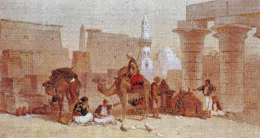 Arab Traders feeding pigeons near a Mosque