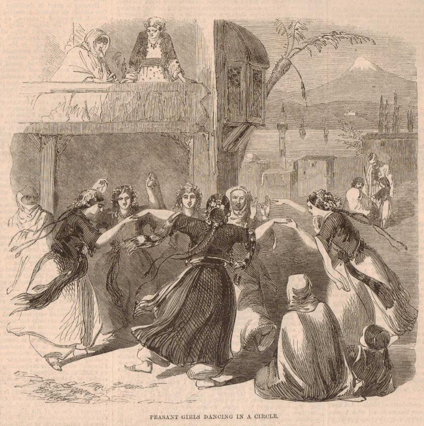 Easter Pastimes in Syria, Peasant Girls dancing in a circle Latakia Mount Cassius. Bay of Antioch Illustrated London News 1860 Joseph Austin Benwell, Syria in happier times