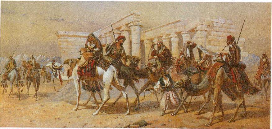 'In Nubia: Arabs on camels before the ruins of a Temple'  1870 Joseph Austin Benwell
